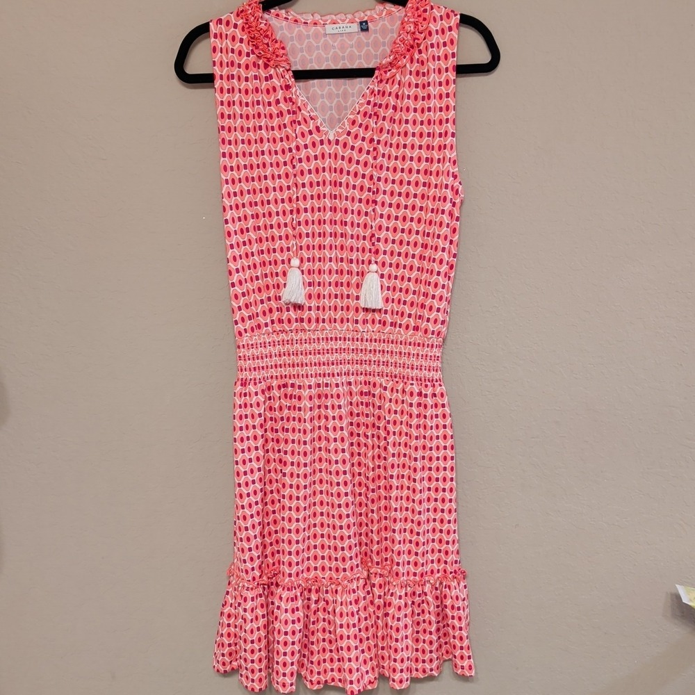 Cabana Life UPF 50+ Sleeveless Ruffle Smocked Waist Pink Dress Med Beach Resort